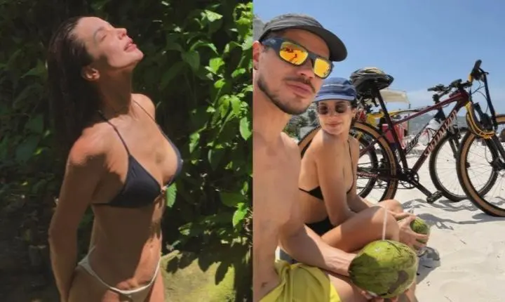 Entre praia e cachoeira, Nanda Marques surge em clima de romance com José Loreto