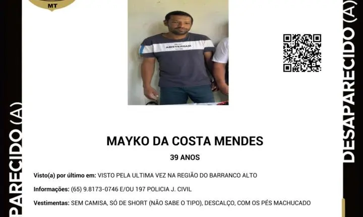Força tarefa procura homem de 39 anos desaparecido em Rosário Oeste