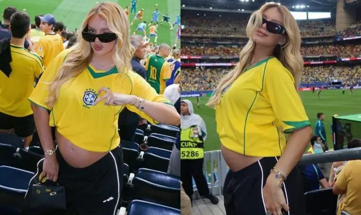 Gabriely, esposa de Endrick, aposta em look básico e exibe barriga de gravidez em jogo do Brasil