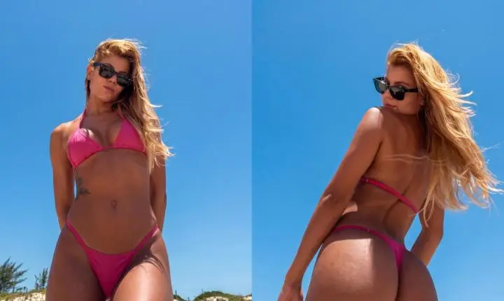 Hariany Almeida aposta em biquíni rosa para renovar o bronzeado: 'Deu sol no RJ'