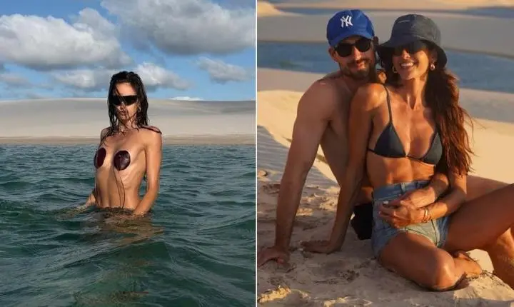 Izabel Goulart usa folhas como biquíni nos Lençóis Maranhenses com o noivo