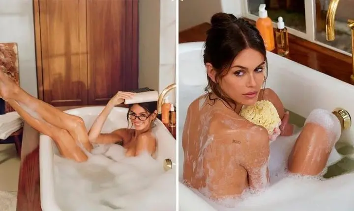 Kaia Gerber, 'filha-clone' de Cindy Crawford, posa completamente nua dentro de banheira