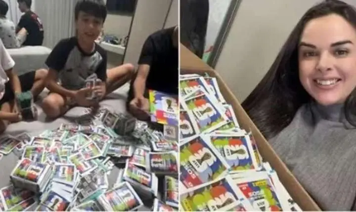 Mãe compra 14 mil figurinhas da Copa para completar álbum do filho e vídeo viraliza nas redes