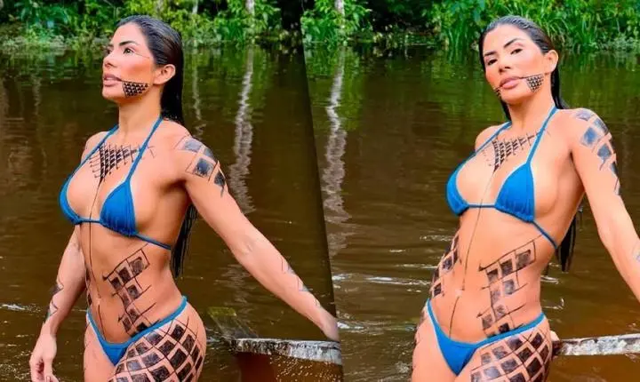 Marciele posa de biquíni, exibe grafismos pelo corpo e celebra: 'A vida tão generosa comigo'