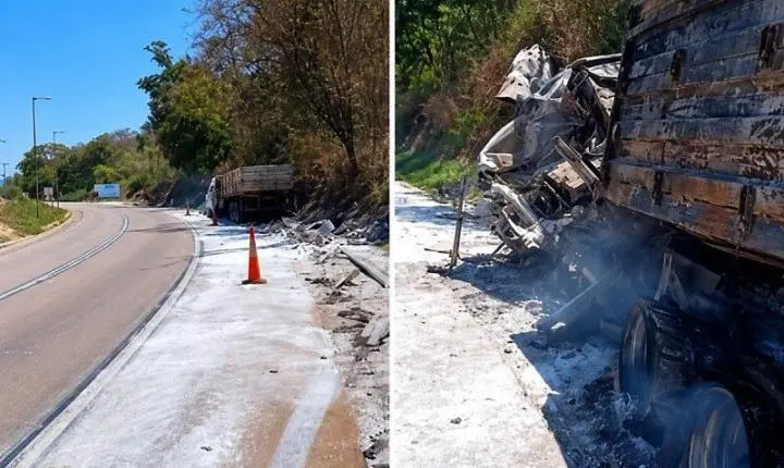 Motorista morre carbonizado após carreta pegar fogo em acidente com cinco veículos em rodovia de MT