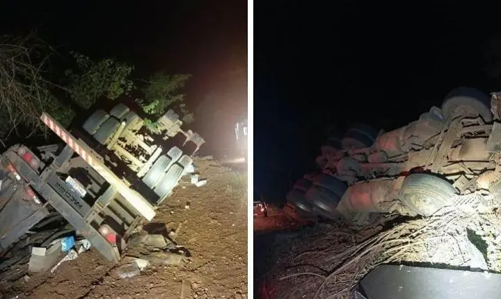 Motorista se fere após perder o controle e tombar carreta em curva de MT