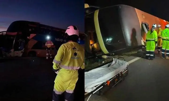 Ônibus de viagem tomba na BR-163 e nove passageiros são socorridos em Nova Mutum