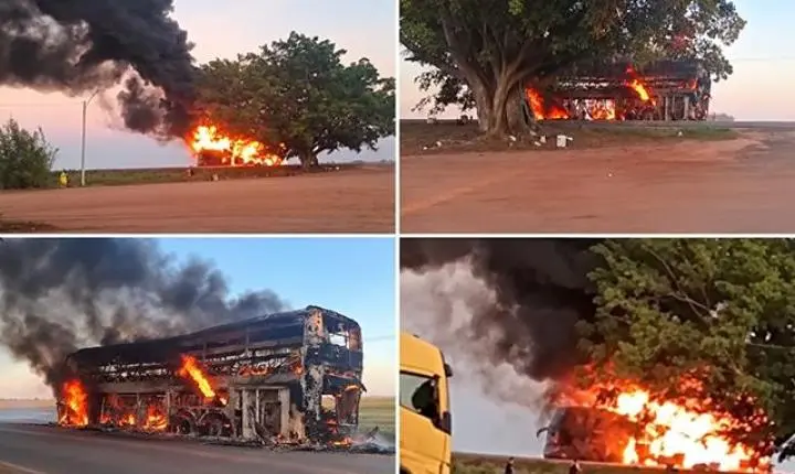 Ônibus que saiu do Maranhão com destino a Sorriso é consumido pelo fogo em Campo Verde