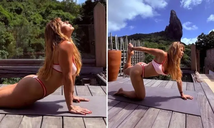 Pertinho de comemorar 50 anos, Dany Bananinha faz ioga durante férias em Fernando de Noronha