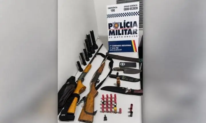 PM apreende espingardas, armas brancas e munições após suspeitos fugirem em Nova Olímpia