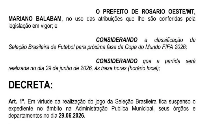 Prefeitura de Rosário Oeste decreta ponto facultativo para jogo da Seleção na segunda (29)