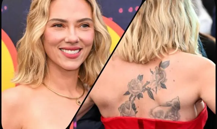 Scarlett Johnanson abala première de filme com vestido tomara que caia e tatuagens à mostra em Londres