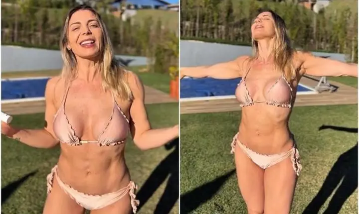 Sheila Mello curte solzinho de outono usando biquíni nude
