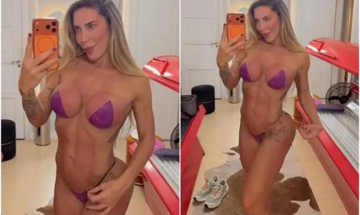 Tati Minerato renova o bronzeado com biquíni de fita