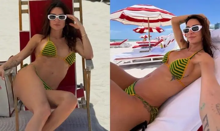 Thaila Ayala posa de biquíni de crochê verde e amarelo e exibe tattoo íntima