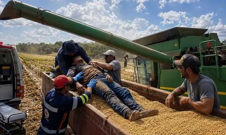 Trabalhador cai de carreta após ser atigindo por tubo de descarga da colheitadeira